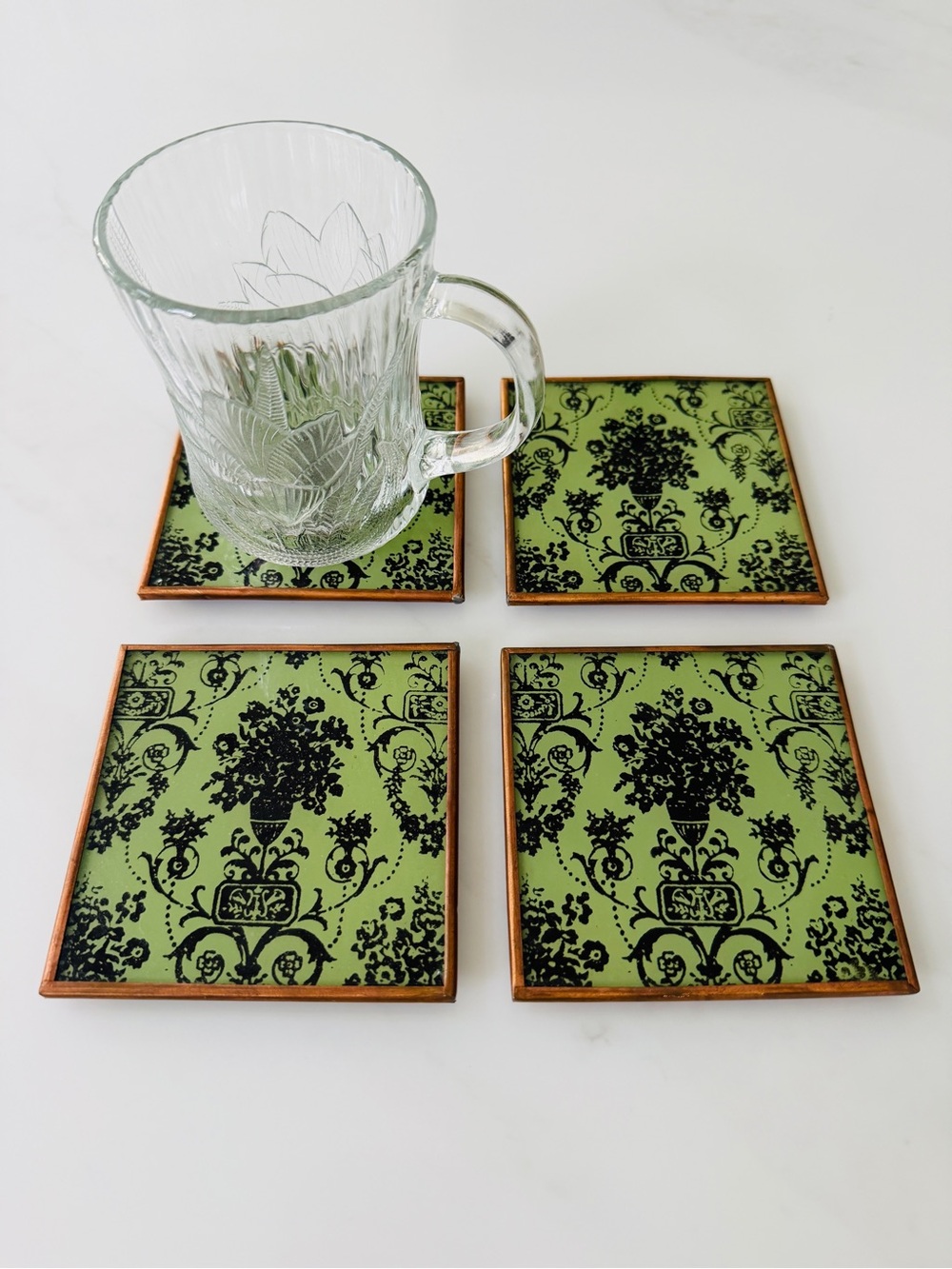 Vintage Copper Glass Coasters Set of 4 Avocado Green Damask Mid Century MCM